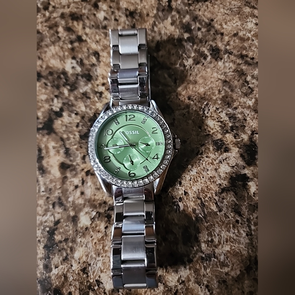 Women's Fossil Watch -  Silver Band, Rhinestone Bezel, and Green Face